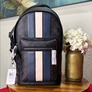 Coach West Pack In Black Signature Canvas With Varsity Stripe White/Blue NWT